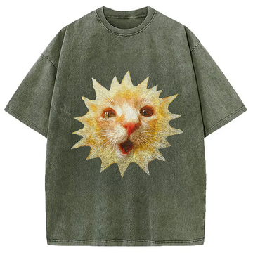 Personality fashion Sun Cat Meme Washed T-Shirt