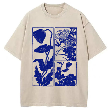 Personality fashion Woodcut Flowers Washed T-Shirt
