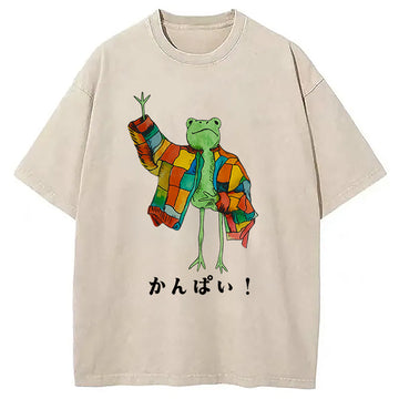 Personality fashion Cheers Frog Washed T-Shirt