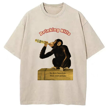 Personality fashion Drinking Kills Monkey Washed T-Shirt