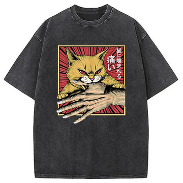 Personality fashion Anime Cat Bite Japanese Art Retro Washed T-Shirt