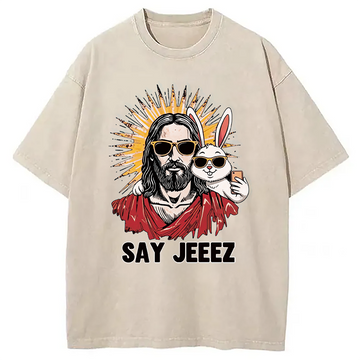 Personality fashion Say Jeeez Funny Easter Washed T-Shirt