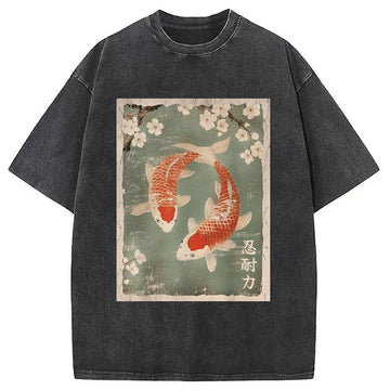 Personality fashion Koi fish and Cherry Blossom Washed T-Shirt