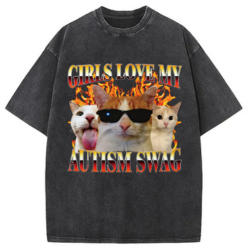 Personality fashion Girls Love My Autism Swag Funny Cat Meme Washed T-Shirt