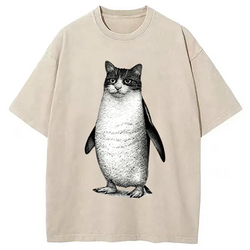 Personality fashion Penguin Cat Washed T-Shirt