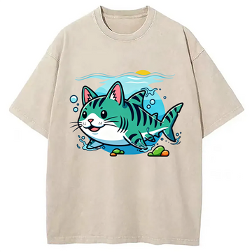 Personality fashion A Cat Shark Washed T-Shirt