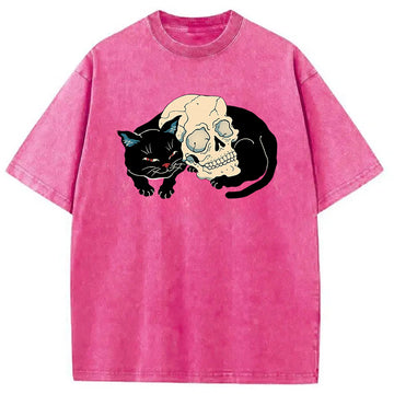Personality fashion Neko Skull Washed T-Shirt