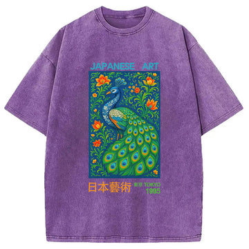 Personality fashion Majestic Peacock Japanese Art Washed T-Shirt