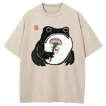 Personality fashion The Frog Holding A Carnation Washed T-Shirt