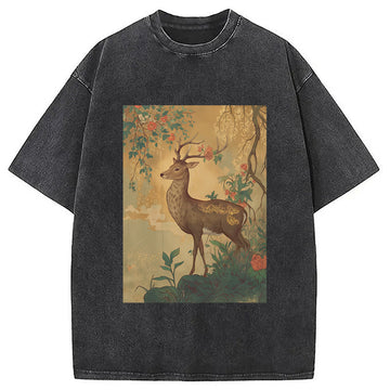 Personality fashion Graceful Japanese Deer Washed T-Shirt