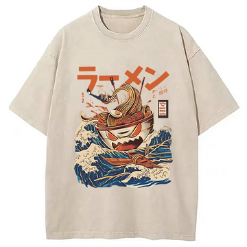 Personality fashion The Great Wave Ramen Yokai Washed T-Shirt
