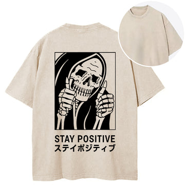 Personality fashion Stay Positive Skeleton Back Washed T-Shirt