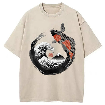 Personality fashion Retro Koi Enso Washed T-Shirt