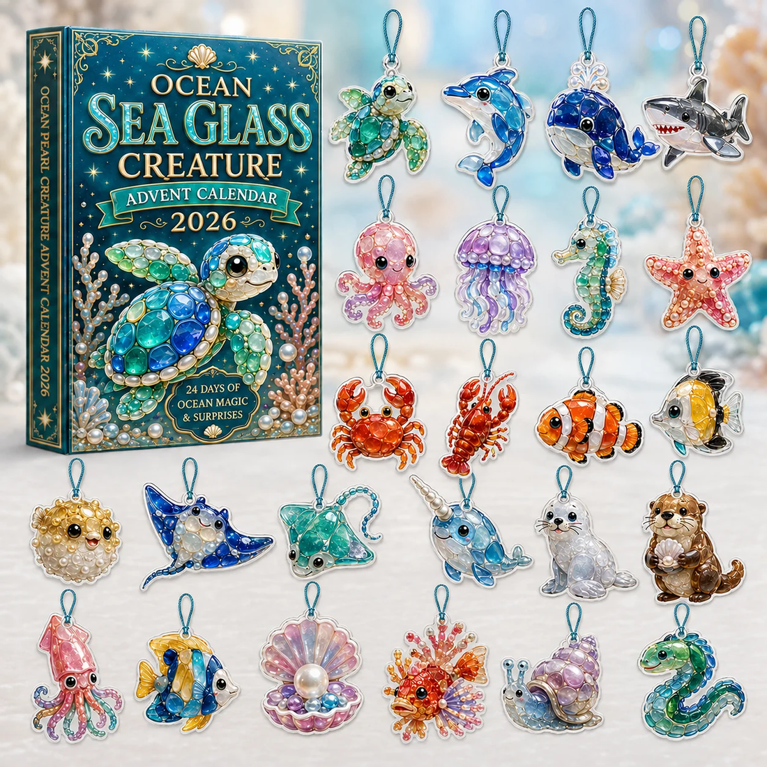 Ocean Sea Glass Creature Advent Calendar 2026 - 24-Day Festive Countdown, Acrylic Charms Blind Box - Gift For Ocean Lovers