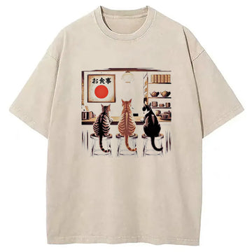 Personality fashion Kawaii Ramen Cat Washed T-Shirt