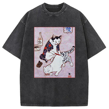 Personality fashion Japanese Tattoo Cat Washed T-Shirt