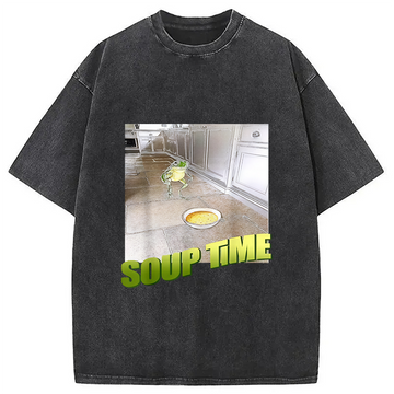 Personality fashion Soup Time Meme Frog Meme Washed T-Shirt
