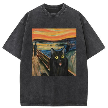 Personality fashion Screaming Black Cat Washed T-Shirt