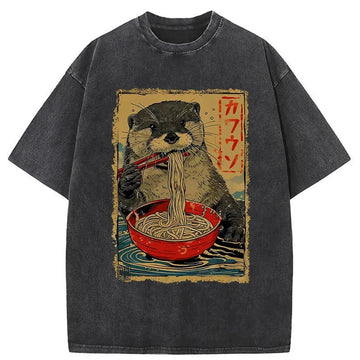 Personality fashion Otter Eating Ramen Japan Washed T-Shirt