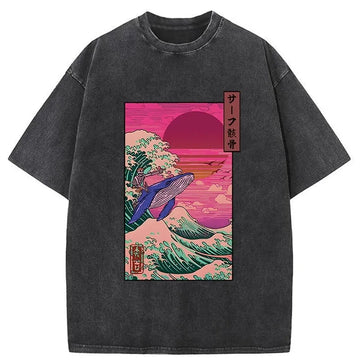 Personality fashion Skeleton Surfing With A Whale Washed T-Shirt