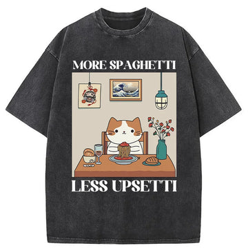 Personality fashion Cat Eats Spaghetti Washed T-Shirt