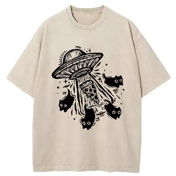 Personality fashion Cat Alien Mushrooms Washed T-Shirt