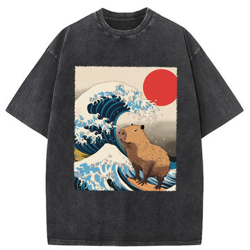 Personality fashion Funny Capybara Surfing Washed T-Shirt