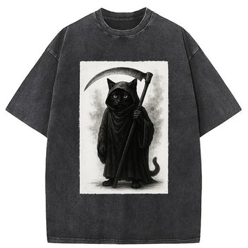 Personality fashion Death Cat Washed T-Shirt