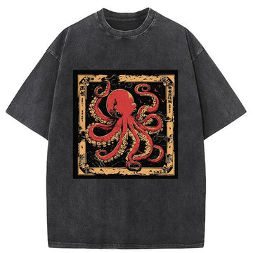 Personality fashion Retro Japanese Octopus Washed T-Shirt