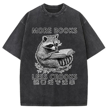 Personality fashion Raccoon Reading Books Less Crooks Washed T-Shirt