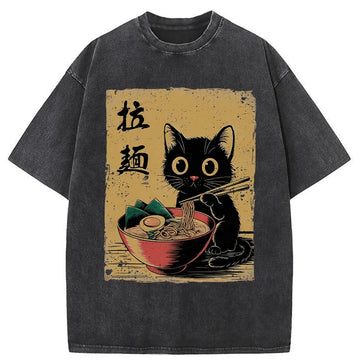 Personality fashion Retro Black Cat Eating Ramen Washed T-Shirt