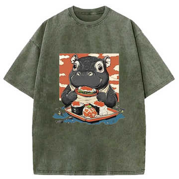 Personality fashion Moo Deng Eat Sushi Washed T-Shirt