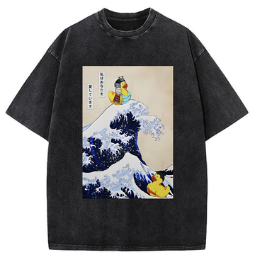 Personality fashion Samurai Duck And Sumo Duck Washed T-Shirt