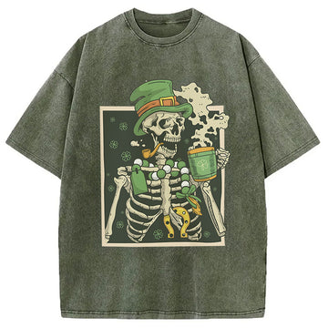 Personality fashion St. Patrick's Skeleton Drinking Coffee Washed T-Shirt