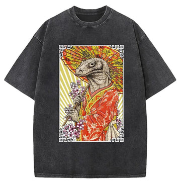 Personality fashion Elegant Lizard Holding An Umbrella Washed T-Shirt