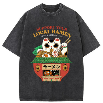 Personality fashion Lucky Cat Eating Ramen Mic Washed T-Shirt