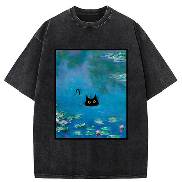 Personality fashion Monet Water Lily Cat Washed T-Shirt