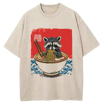Personality fashion Ramen Lover Raccoon Washed T-Shirt
