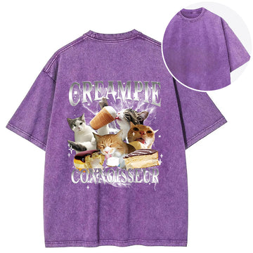 Personality fashion Creampie Connoisseur Meme Back Washed T-Shirt