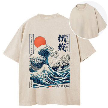 Personality fashion Ukiyo-e Ocean Waves Japan Back Washed T-Shirt