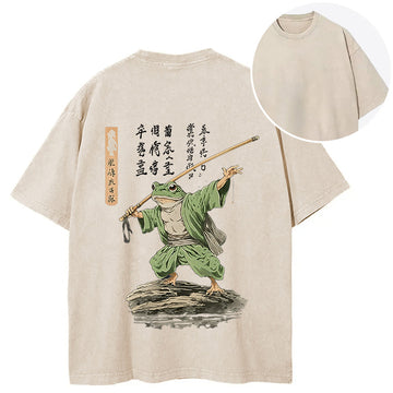 Personality fashion Frog Samurai Japanese Art Vintage Back Washed T-Shirt