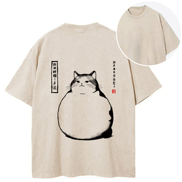 Personality fashion Matsumoto Hoji Cat Back Washed T-Shirt