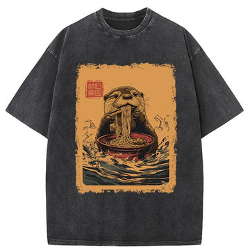 Personality fashion Ramen Lover Otter Washed T-Shirt