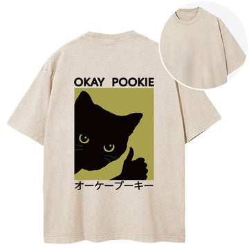 Personality fashion Okay Pookie Cat Back Washed T-Shirt