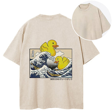Personality fashion Ukiyoe Waves And Cute Yellow Duck Back Washed T-Shirt