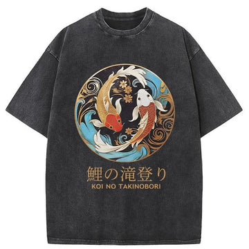 Personality fashion Two Koi Carps Washed T-Shirt