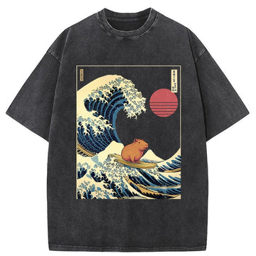Personality fashion Capybara Surfing Washed T-Shirt