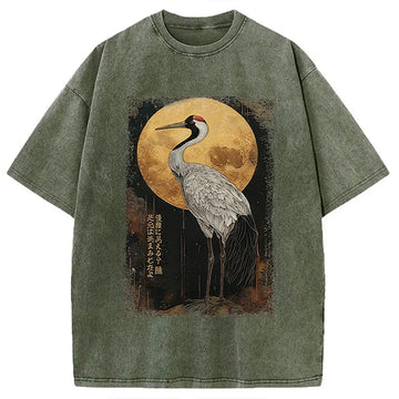 Personality fashion Vintage Japanese Crane Kanji Washed T-Shirt