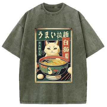 Personality fashion White Cat Eating Ramen Washed T-Shirt