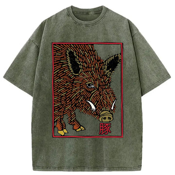 Personality fashion Woodcut Pig Washed T-Shirt